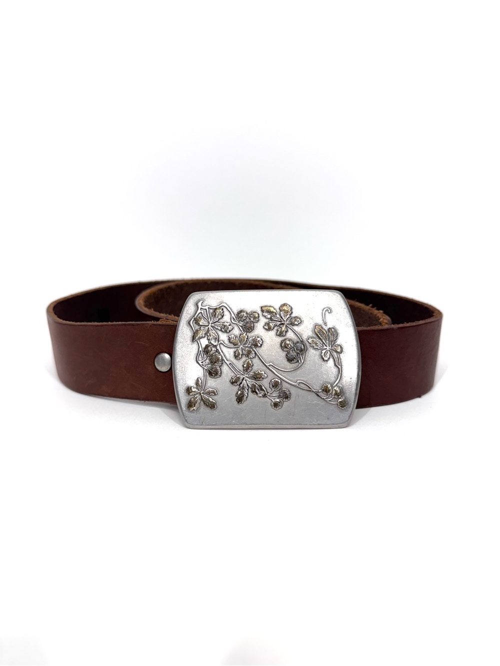 Vintage GAP Raw Edge Brown Leather Western Belt With Silver Leaf Floral Buckle